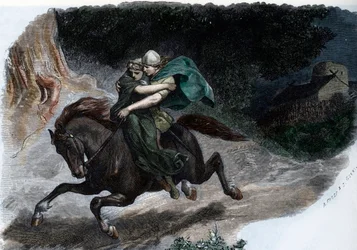Krigsherren för den germanska stammen Cherusci Arminius (Armenius) (18 f.Kr.-21 e.Kr.) kidnappar Thusnelda (Arminius (Hermann) hövding för den germanska stammen Cherusci och hans hustru Thusnelda) Gravyr från "Germania" av Johannes Scherr 1880 Privat samli