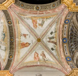 Tvärskeppet södra tredje västra spännet, Isaac ber Exhaù att ge honom vilt, Rebecca klär Jacob med kläder av Exhaù, Jacob som misstas för Exhaù ger mat till Isaac, Esaac återvänder med vilt, katedralen Santa Maria Assunta, Duomo, Cremona, Lombardiet, Itali