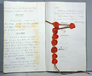 Fördrag om upprättande av Belgien som en suverän stat, undertecknat den 15 november 1831 vid Londonkonferensen (penna och bläck och vax på papper)