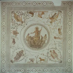 Triumf av Neptunus och de fyra årstiderna, romersk, från La Chebba, 300-talet e.Kr. (mosaik) (för detaljer se 104354)