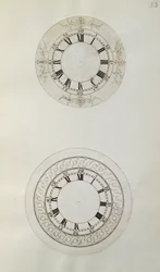Två mönster för stora emaljerade urtavlor, från mekaniska anteckningar och ritningar sammanställda av John Harrison (1693-1776) och hans son William (ca 1726-72) (penna och bläck på papper)