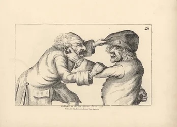 De två bondpojkarna Hal och Dick bråkar om ett rykte om otrohet hos Hals fru Doll. Kopparstick efter en satirisk illustration av Timothy Bobbin (John Collier) (1708-1786) från Human Passions Delineated, John Haywood, Manchester