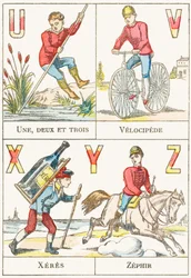 UVXYZ; U: Ett, två och tre; V: Velocipede; X: sherry; Z: Zephir - Spelalfabetet, ca 1890 (gravyr)