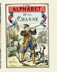 En jägare och hans hund - Omslag till Jaktalfabetet - Bild Pellerin, Epinal, s. d. - 16 sidor - 9:e serien, ca 1890 (tryck)