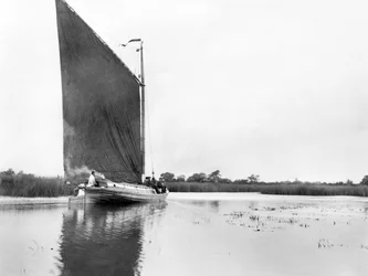 Storbritannien: A Wherry vid floden Bure nära Ranworth. Norfolk Broads,