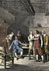 Förenta staterna, Massachusetts: Tvist mellan John Winthrop (1588-1649) och Thomas Dudley (1576-1653) i Massachusetts Bay-kolonin. Färggravyr från 1800-talet.