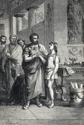 Valentinianus II erkände romersk kejsare av Gratianus (375). 1888 (gravyr)