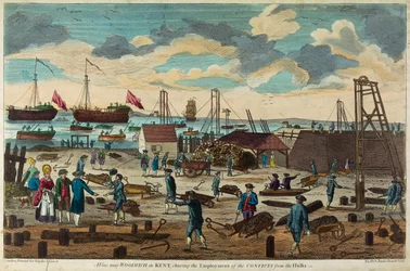 Vy nära Woolwich, Kent, England, föreställande användning av styrkor för att bygga pontoner (avväpnade fartyg som används som flytande fängelser)