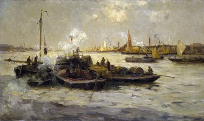 Vy över Limehouse, England, med en beskrivning av industrialiseringen av Themsen i slutet av den viktorianska eran (slutet av 1800-talet) och av bogserbåtar, skärare och pråmar, i bakgrunden det vita tornet Saint George