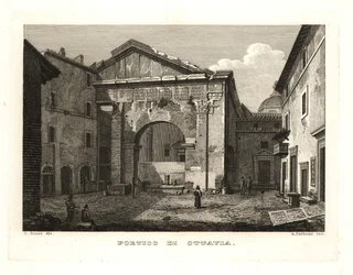 Utsikt över Portico of Octavia eller Portico of Octavia (Portico di Ottavia), Rom