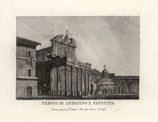 Utsikt över Antoninus och Faustinas tempel, Tempio di Antonino e Faustina, Forum Romanum, Rom