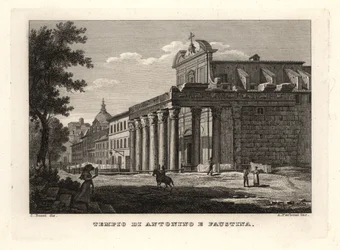 Utsikt över Antoninus och Faustinas tempel, Tempio di Antonino e Faustina, Rom