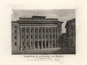 Utsikt över Hadrianus tempel, Templum Divus Hadrianus, med 11 kolonner dedikerade av hans adoptivson Antoninus Pius, Temple d