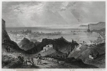 Utsikt över staden och hamnen i Genes, eclatante-citaten, marmorstaden, Genes-la-Superb, i boken om Medelhavet av Louis Enault (1824-1900), en fransk journalist och resenär.
