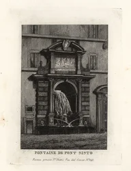 Utsikt över fontänen vid bron Ponte Sisto, Acqua Paola (nu på Piazza Trilussa), Rom