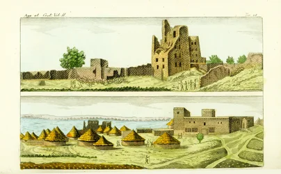 Utsikt över moskén och husen i Sennar, Sudan (nederst), och ruinerna av huset till Funj King of Sennar (överst) på Blå Nilen