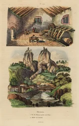 Utsikt över staden, bron och klippkyrkan vid Oberstein 1, och utsikt över polerverket för agat och jaspis ädelsten 2