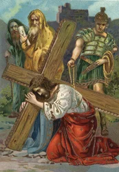 Korsvägen - Via crucis - Korsvägens stationer: Sjunde stationen, Jesus faller för andra gången. Kromolitografi. Privat samling