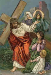 Korsets väg - via crucis - Korsets stationer: åttonde stationen, Jesus möter Jerusalems kvinnor Kromolitografi Privat samling