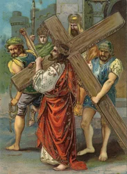 Korsvägen - Via Crucis - Korsvägens stationer: andra stationen, Jesus bär sitt kors. Kromolitografi. Privat samling