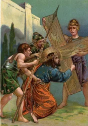 Korsets väg - via crucis - Korsets stationer: tredje stationen, Jesus faller för första gången under tyngden av sitt kors (Jesus faller första gången) Kromolitografi Privat samling