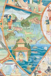 Livets hjul, detalj, väggmålning på wat Umong, Chiang Mai, Thailand