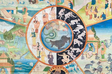 Livets hjul, detalj, väggmålning på wat Umong, Chiang Mai, Thailand