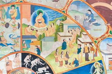 Livets hjul, detalj, väggmålning på wat Umong, Chiang Mai, Thailand