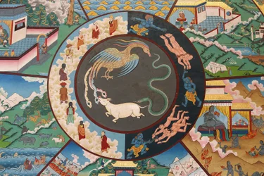 Livshjulet eller samsaras hjul (mandala): tupp, orm och gris. Kopanklostret, Kathmandu, Nepal