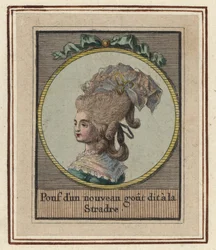 Kvinna i en ny typ av puff som kallas Stradre. Puff med en ny smak kallad Stradre. Handkolorerat kopparstick av okänd konstnär från ett album med moderiktiga frisyrer från 1783, Suite des Coeffures a la Mode en 1783, Enauts et Rapilly, Pari