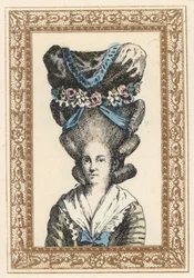 Kvinna med Gabrielle Vergy-hatt, knuten med band och blomsterkransar. Hatt a la Gabrielle Vergy, inspirerad av Dormont De Belloyds tragedi från 1777. Handkolorerad litografi av de Laubadere från Octave Uzanes Stylish Hairstyle or Eccentric Finery fr