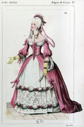 Kvinna i en klänning som Mme de Pompadour bar, ca 1810 (gravyr)