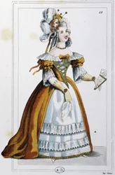 Kvinna i en klänning som Mme du Barry bar, ca 1810 (gravyr)