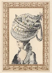 Kvinna bär en enorm hatt som kallas århundradets lycka. Handkolorerad litografi av de Laubadere från Octave Uzanes stilfulla frisyr eller excentriska utstyrsel från kung Ludvig XVI:s tid, Hairstyles de Style, La Parure Eccentric, Rouveyre, Paris