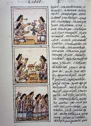 Kvinnor som förbereder fest, Bok IV av Florentine Codex, Tvåspråkig version på spanska och Nahuatl, Allmän historia om det nya Spaniens saker (Historia general de las cosas de Nueva Espana), Aztekisk civilisation