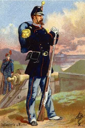 X: Marinens infanteri. Gravyr i "Militäralfabetet". Illustratörens initialer: A. D. Okänd utgivare. Kromolitografier från slutet av 1800-talet. Mått: 10,5x7 cm.