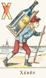X : Xeres, en pojke håller en stor flaska vin på ryggen - Spelalfabetet, c.1890 (gravyr)