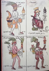 Xiuhtecuhtli, Omacatl, Macuilxochitl, Ixtlilton, sida från Florentine Codex, version på spanska och nahuatl, General History of the Things of New Spain (Historia general de las cosas de Nueva Espana), Aztec
