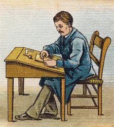 Xylograf i sin studio. Gravyr i "Alphabet de ma petite fille". Bernardin-Bechet och Fils, bokhandlare-förlag, Paris, omkring 1895. Okrossbart album på duk. Bibliotheque des Bebes. 12 sidor. Album innehållande en läsmetod och en illustrativ