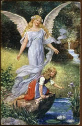 Skyddsängel som vakar över ett barn, ca 1910 (vykort)