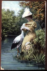 Stork med barn till kvinna, fransk postakrd, tidigt 1900-tal