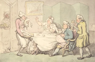 Ett par vid bordet med tjänare, 1700-1800-talet.