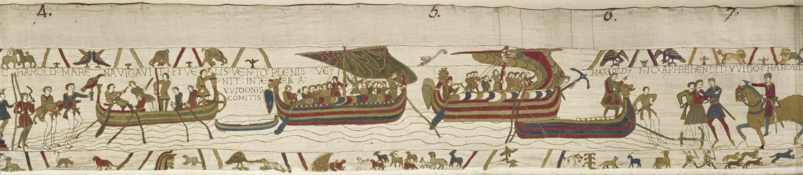 Harold korsar kanalen till Guy, greve av Ponthieu, där han fångas, Bayeux Tapestry (ullbroderi på linne)