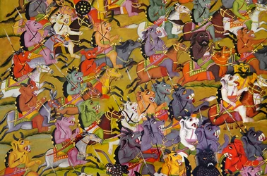 Marwar-målning: Detalj från Demonerna förbereder sig för strid mot gudinnan Durga, Mehrangarh Fort palace museum, Jodhpur, Rajasthan, Indien