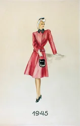 Modell i kostym, med handväska, 1945