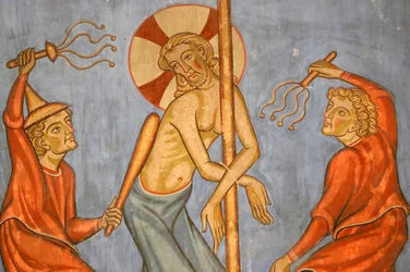 Saint-Pierre-le-Jeune protestantiska kyrkan, Kristi passion, Kristi flagellation, Fresco, Strasbourg, Frankrike.
