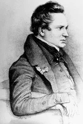 Victor Hugo (1802-1885) fransk författare, här 1832, gravyr av Georges Frey efter LeonNoel