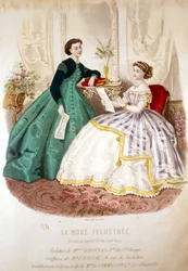 2 kvinnor som läser: Miss Raboins toalett och M. Croisats frisyrer - i "La Mode illustrated""