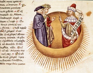 4:e himlen: Dante och Beatrice möter kung Salomo. Upplyst sida som illustrerar en sång av Paradiset från "Divina Commedia" av Dante Alighieri (1265-1321). 1300-talet, Venedig, Biblioteca Marciana