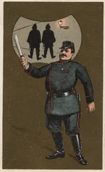 En fransk polis i uniform med sin trunk. Anonym kromolitografi, sent 1800-tal.